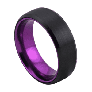 A close up image of a mans ring. It is a black ring that has a brushed flat surface and a polished edge. The interior of the ring is polished purple.