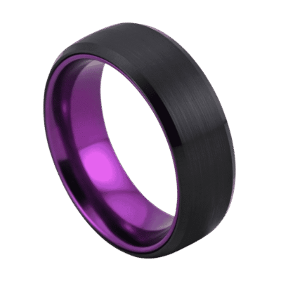 A close up image of a mans ring. It is a black ring that has a brushed flat surface and a polished edge. The interior of the ring is polished purple.