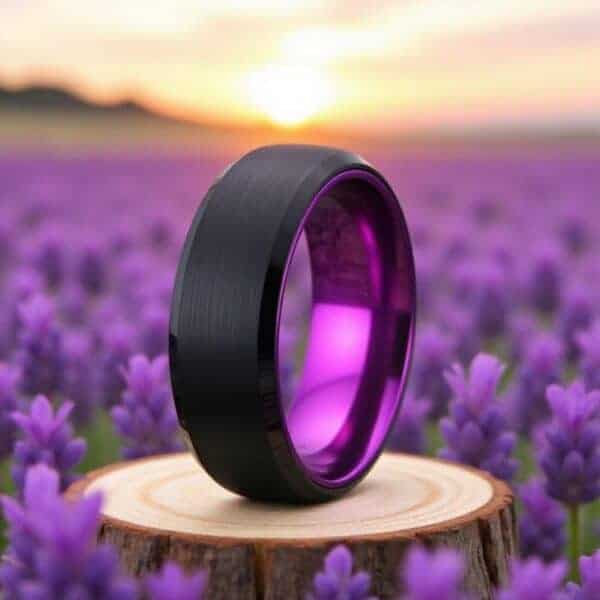 With rolling fields of lavender in the background and under a beautiful sunrise, a ring stands at the centre of the image. It is a black and purple tungsten ring.