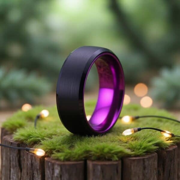 Set on a moss covered tree stump, and with fairy lights around it, a ring stands upright in the centre of the forest. The ring is a black tungsten ring with a polished purple inside.
