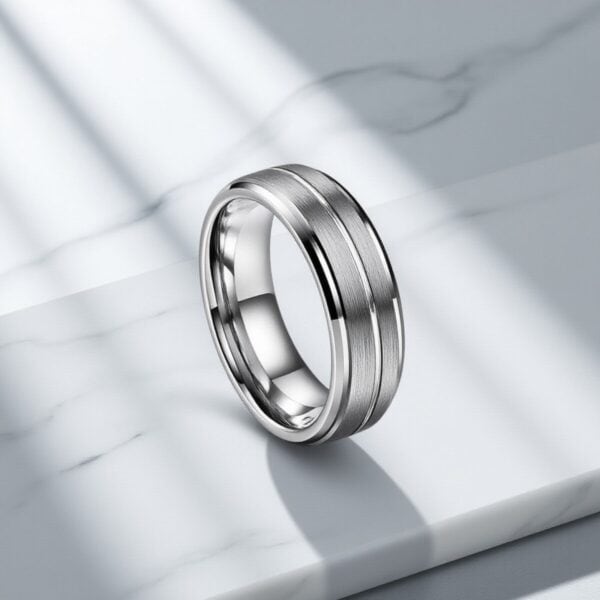 Men’s silver tungsten ring with a modern design, styled as a promise ring or fashion statement ring.