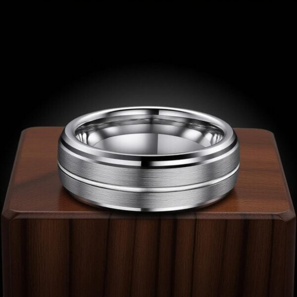 Men’s silver tungsten wedding band with a polished finish and custom ring engraving.