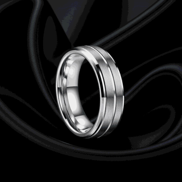 Silver tungsten ring for men featuring two brushed raised details, suitable as a male wedding or engagement ring.