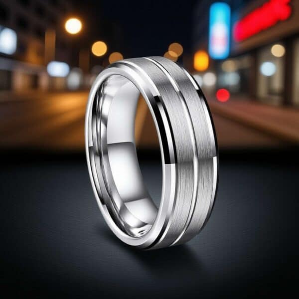 Men’s polished silver tungsten ring with raised brushed sections, shown as a personalised men’s wedding band.