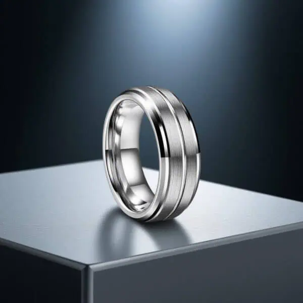 Silver ring for men crafted from tungsten, featuring raised brushed sections and personalised engraving.