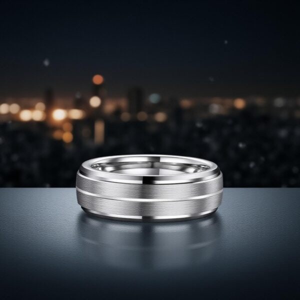Polished silver men’s tungsten ring with subtle raised accents, worn as an engagement or gents eternity ring.