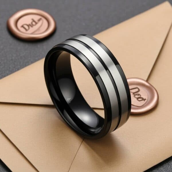 Silver and black titanium ring for men featuring contrasting brushed and polished details, suitable as a male engagement ring.