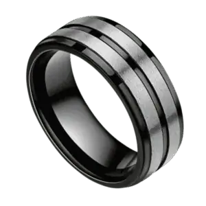 Men’s titanium ring in black and silver with polished black finish and brushed silver sections, shown as a personalised men’s wedding band.