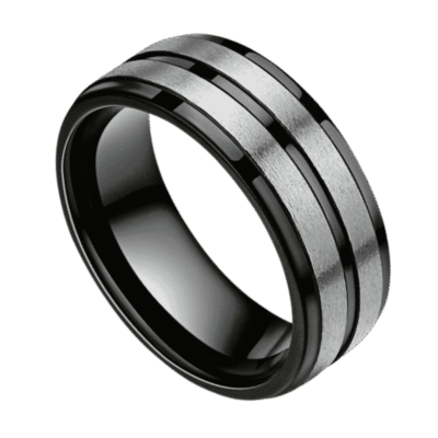 Men’s titanium ring in black and silver with polished black finish and brushed silver sections, shown as a personalised men’s wedding band.