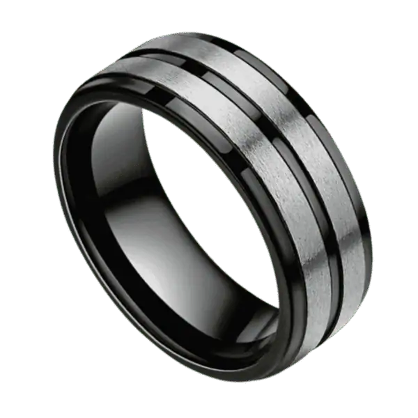 Men’s titanium ring in black and silver with polished black finish and brushed silver sections, shown as a personalised men’s wedding band.