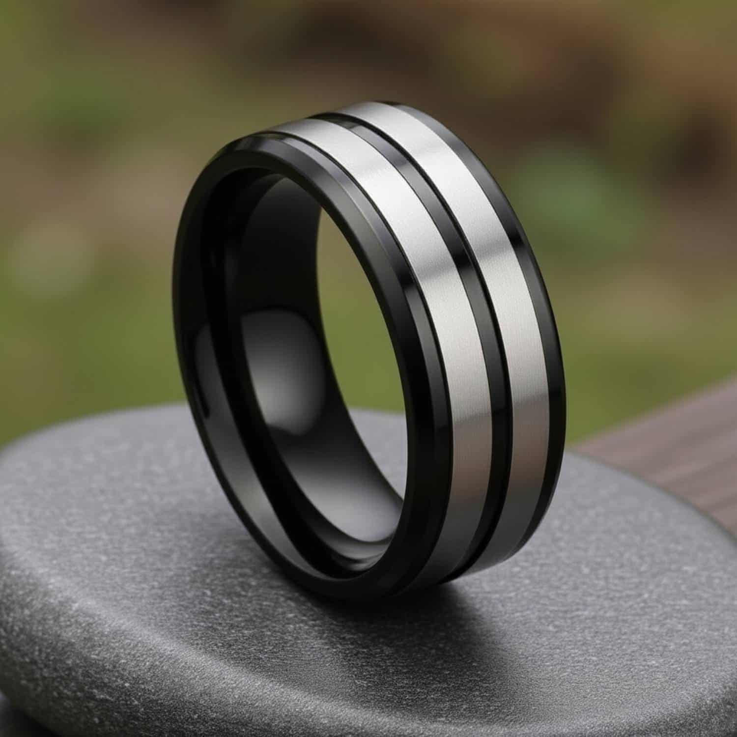 Men’s titanium ring with polished black surface and two brushed silver accents, finished with custom ring engraving.