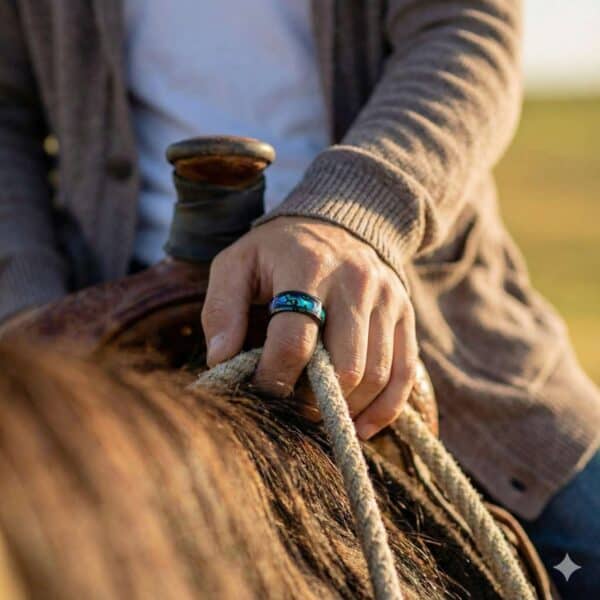 On horseback, the rider holds onto the reins. On his finger, he has a black titanium ring. In the inlay is abalone shell.