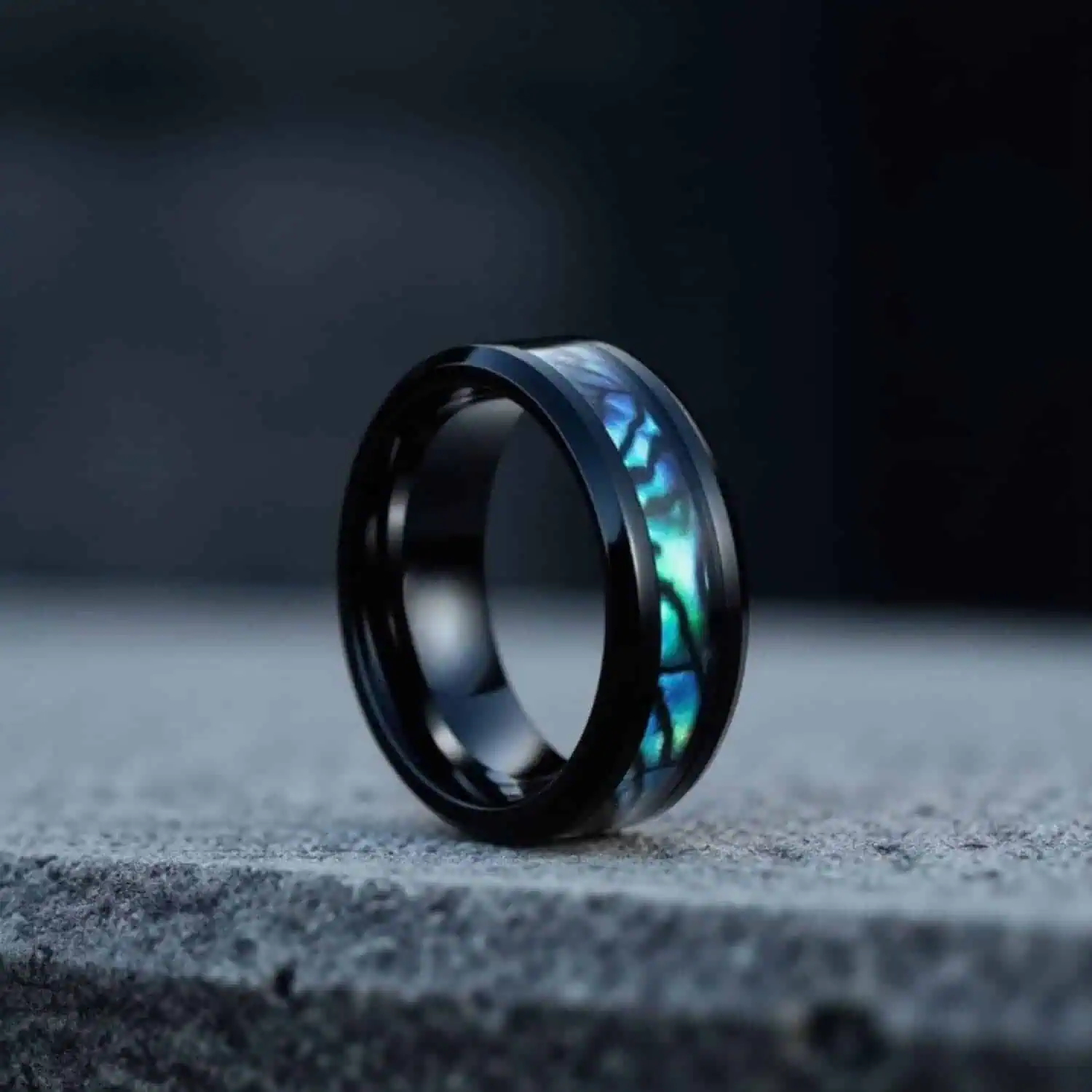 Fashionable wedding band for men with intricate pattern - Black titanium male ring featuring abalone shell