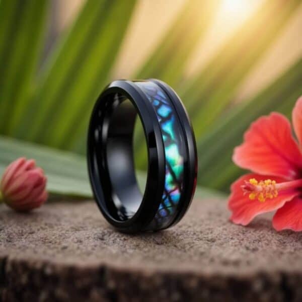 Personalised wedding Band created for Men with unique pattern on Abalone shell and set within a black titanium mens ring