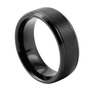 Mens black tungsten ring with a brushed centre and polished bevelled edges, shown as a personalised men’s wedding band.