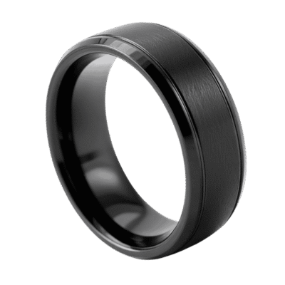 Mens black tungsten ring with a brushed centre and polished bevelled edges, shown as a personalised men’s wedding band.