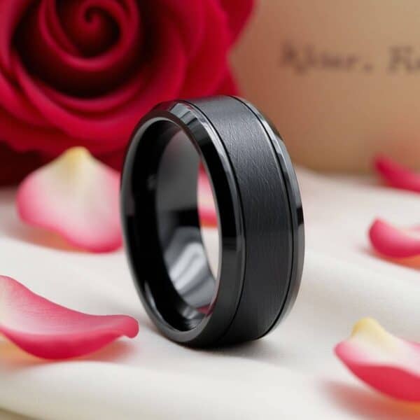 All black tungsten ring for gents. With a brushed finish at the centre of this mans eternity ring.