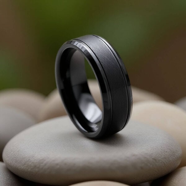 A sleek mens tungsten ring. Perfect as a gents fashion statement ring.