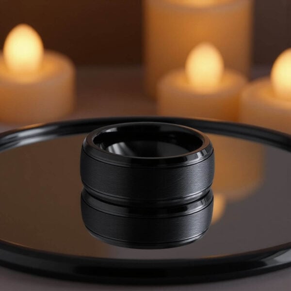 A standout black tungsten mens ring. With a brushed centre, this elegant ring is an elegant choice for a mens wedding ring, or as a promise ring for guys.