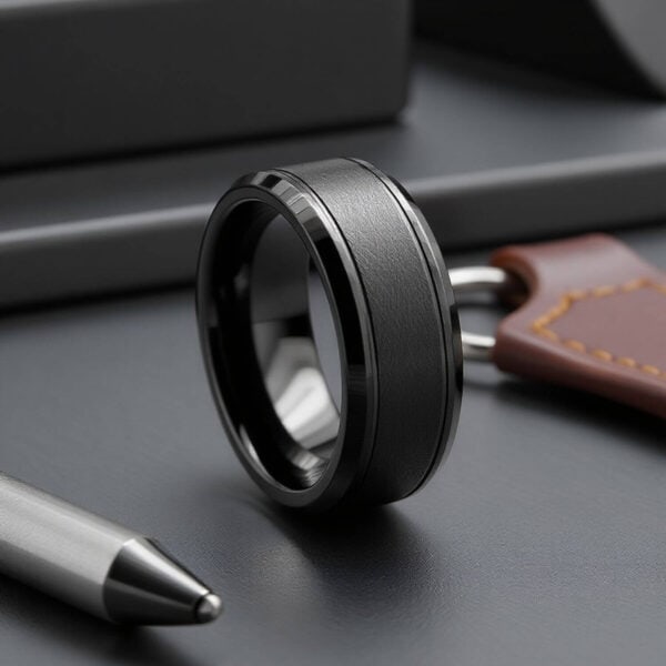 Mens black ring. 8mm tungsten band featuring a brushed centre with polished black grooves on either side.