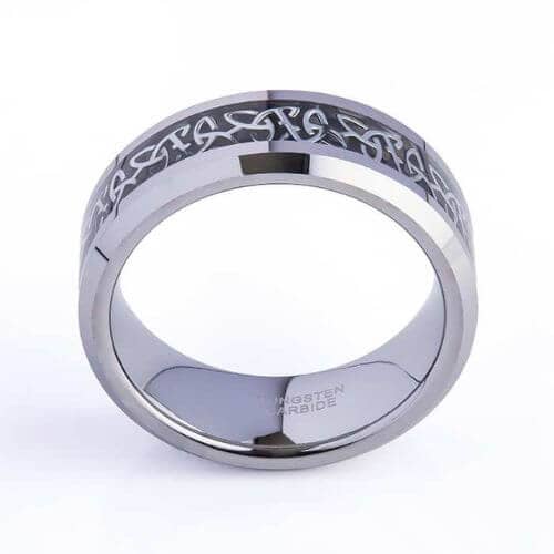 Men's silver tungsten ring with celtic pattern inlay black silver modern style design
