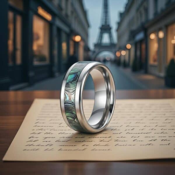 Abalone shell men’s titanium eternity ring with polished silver edges and engraving option.