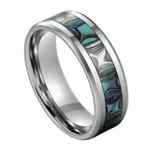 Men’s titanium wedding band with abalone shell inlay — polished silver edges and custom engraving for him.
