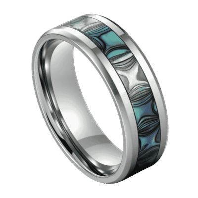 Men’s titanium wedding band with abalone shell inlay — polished silver edges and custom engraving for him.