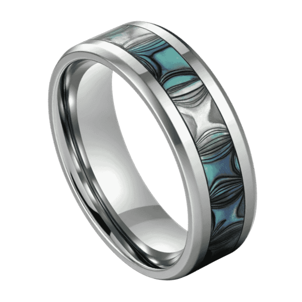 Men’s titanium wedding band with abalone shell inlay — polished silver edges and custom engraving for him.