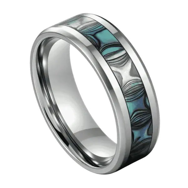 Men’s titanium wedding band with abalone shell inlay — polished silver edges and custom engraving for him.
