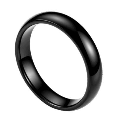 Men’s polished black titanium ring with a slim 4mm domed profile, shown as a personalised men’s wedding band.