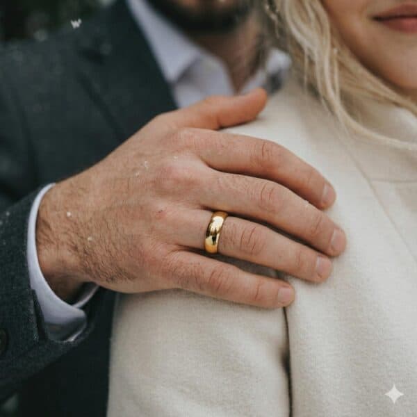 A man stands slightly behind his partner. He rests his hand on her shoulder. He is wearing a gold titanium ring on his wedding finger.