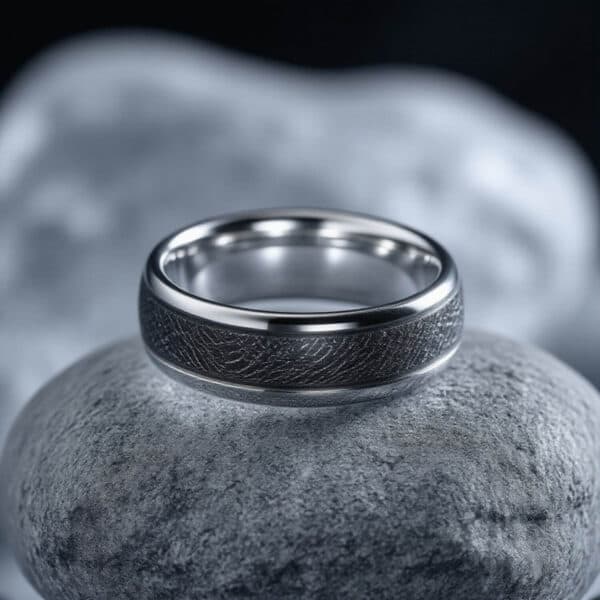 Mans Engagement Ring - Silver Tungsten Ring with Meteorite Centre
