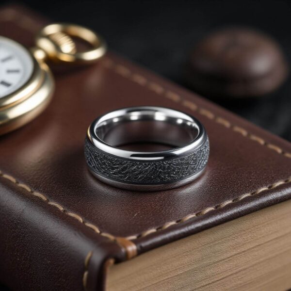 Tungsten ring for him featuring a meteorite inlay