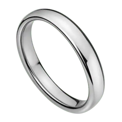 Close-up of a slim 4mm men's silver titanium ring with a polished finish and slightly domed profile, isolated on a transparent background.