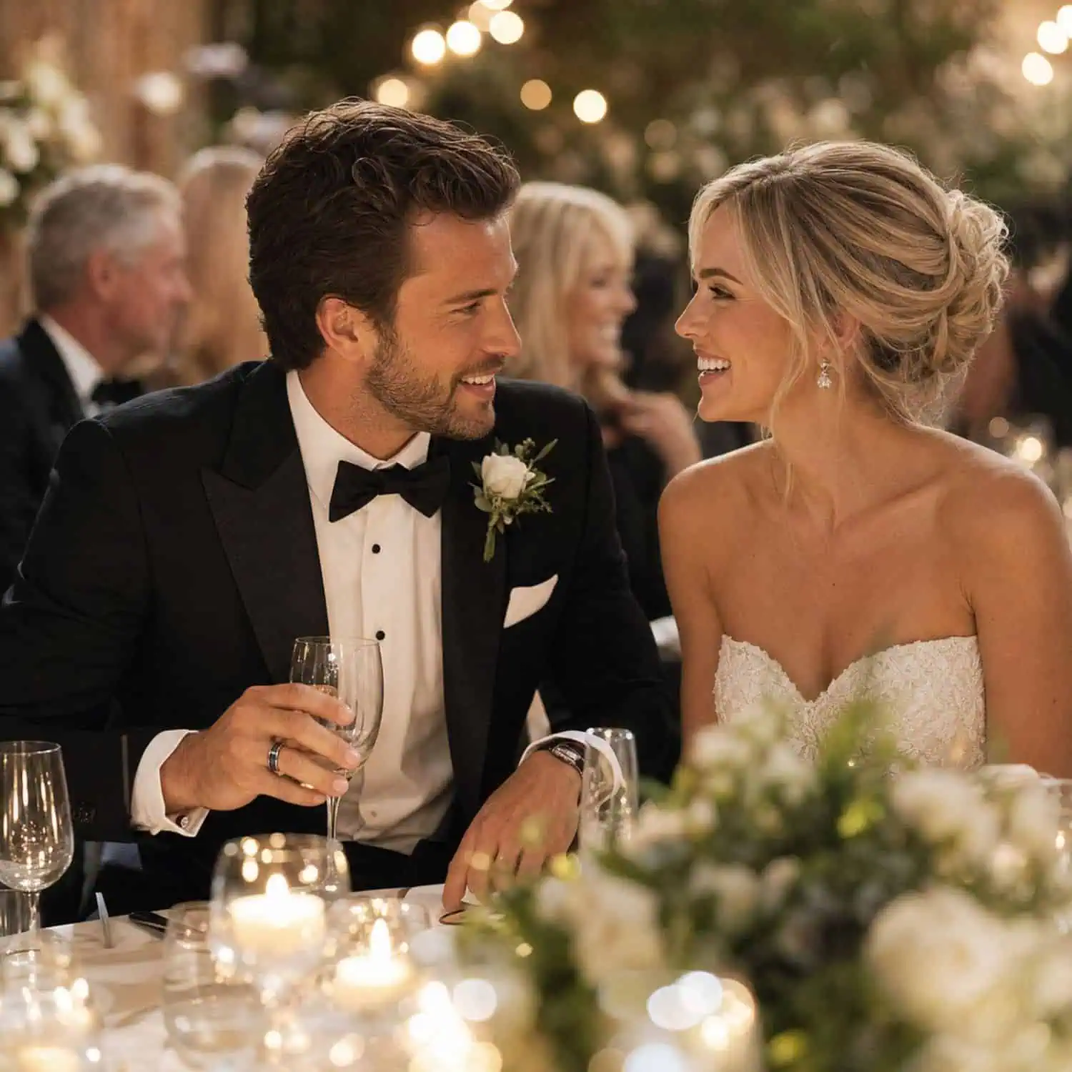 Bride and groom smiling together at their wedding reception, with the groom holding a wine glass while wearing a silver tungsten wedding ring with a black faux meteorite inlay.