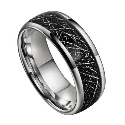 Close-up of an 8mm men's polished silver tungsten ring featuring a black faux meteorite inlay through the centre, isolated on a transparent background.