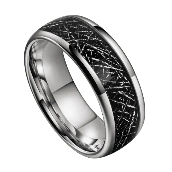 Close-up of an 8mm men's polished silver tungsten ring featuring a black faux meteorite inlay through the centre, isolated on a transparent background.