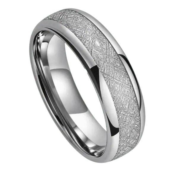 Close-up of a men's polished silver tungsten ring featuring a faux meteorite centre inlay sealed beneath a smooth resin finish, isolated on a transparent background.