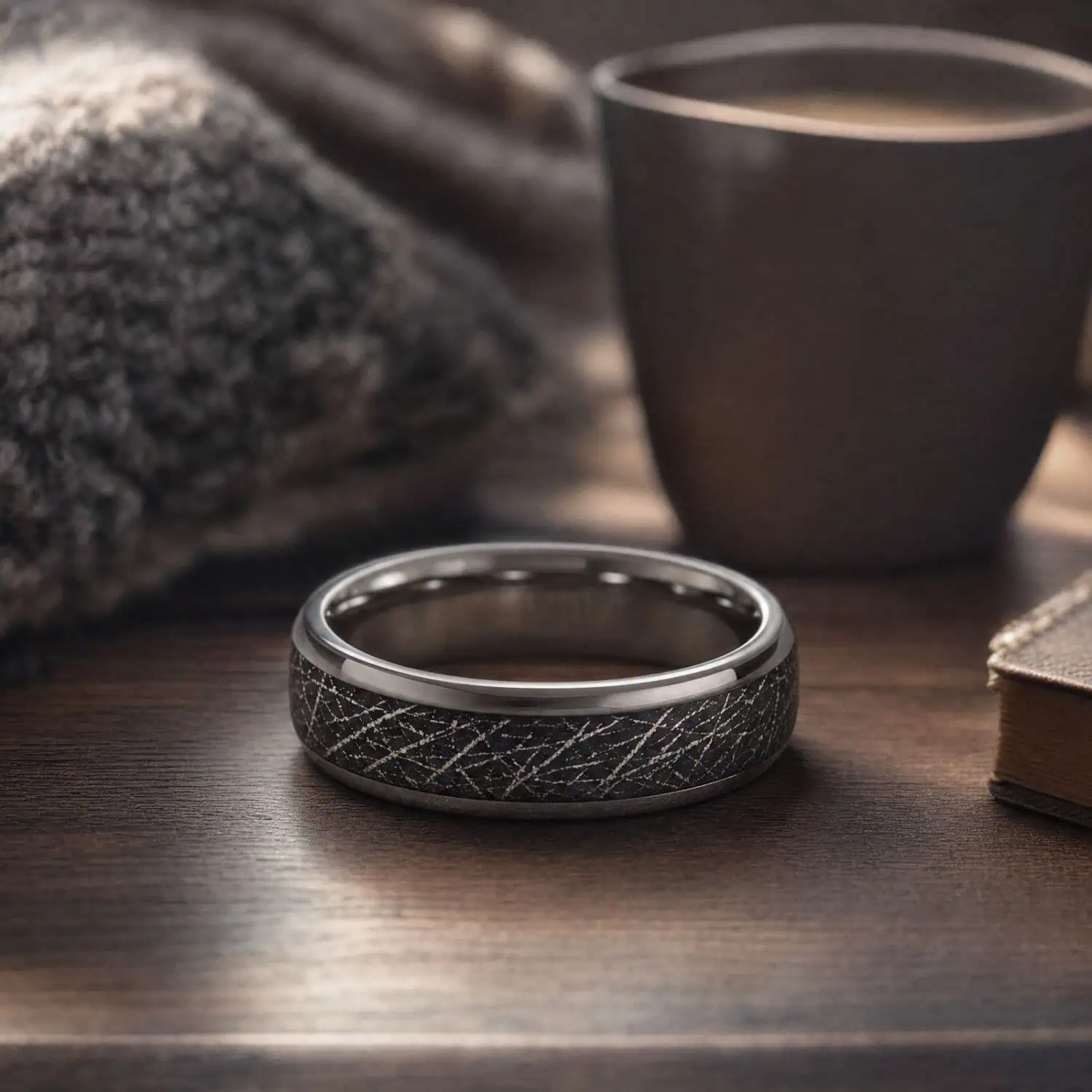 Men's silver tungsten ring with a black faux meteorite inlay lying flat on a wooden coffee table beside a mug of tea.