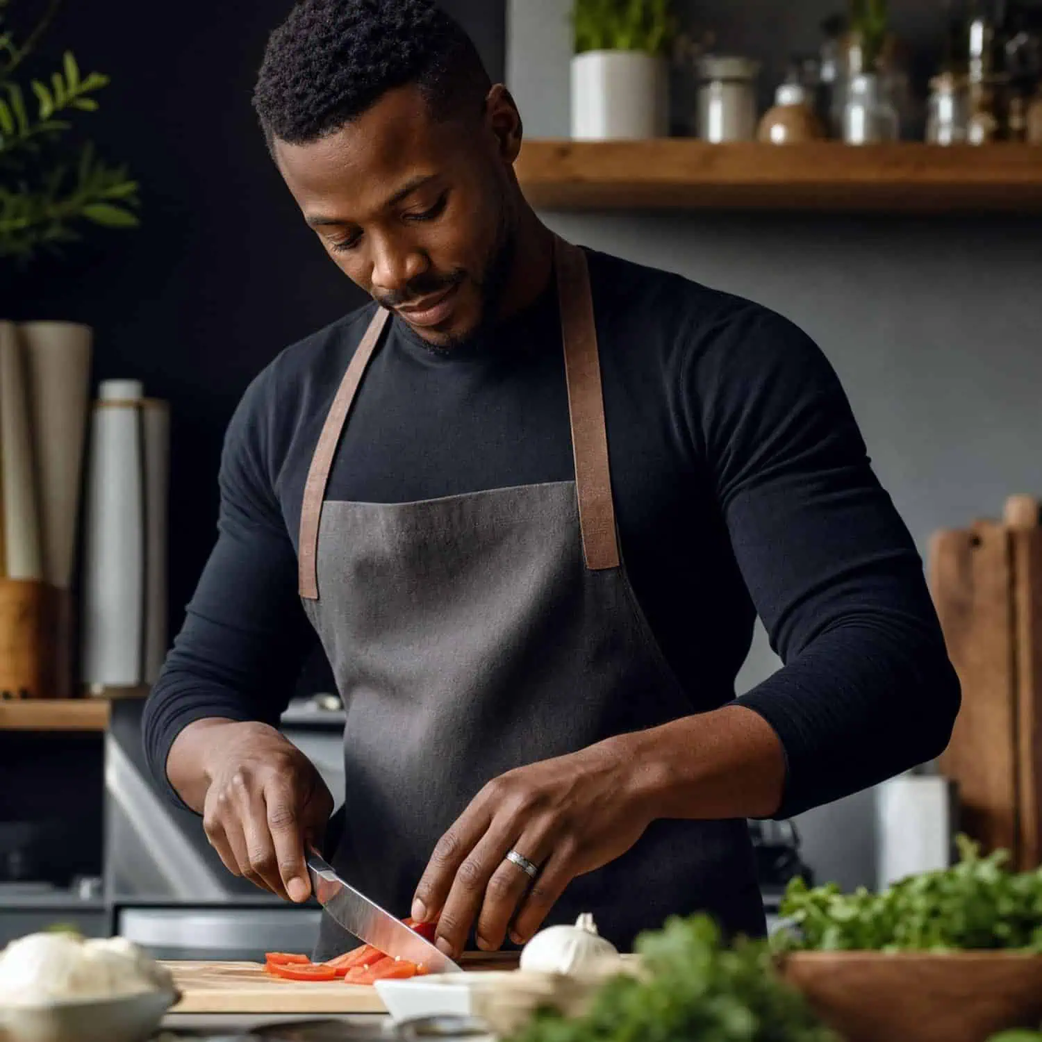 Man in a black top and apron chopping red peppers on a wooden board while wearing a silver tungsten ring with a meteorite-style centre, with salad leaves in a bowl beside him.