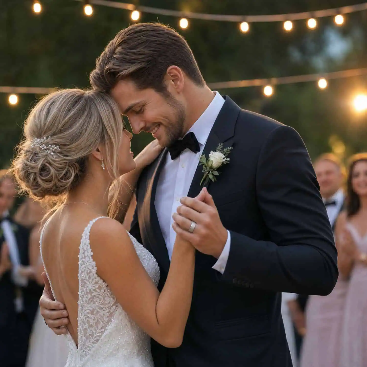 Bride and groom holding hands during their first dance beneath outdoor fairy lights, with the groom wearing a polished silver tungsten wedding band featuring a faux meteorite inlay.