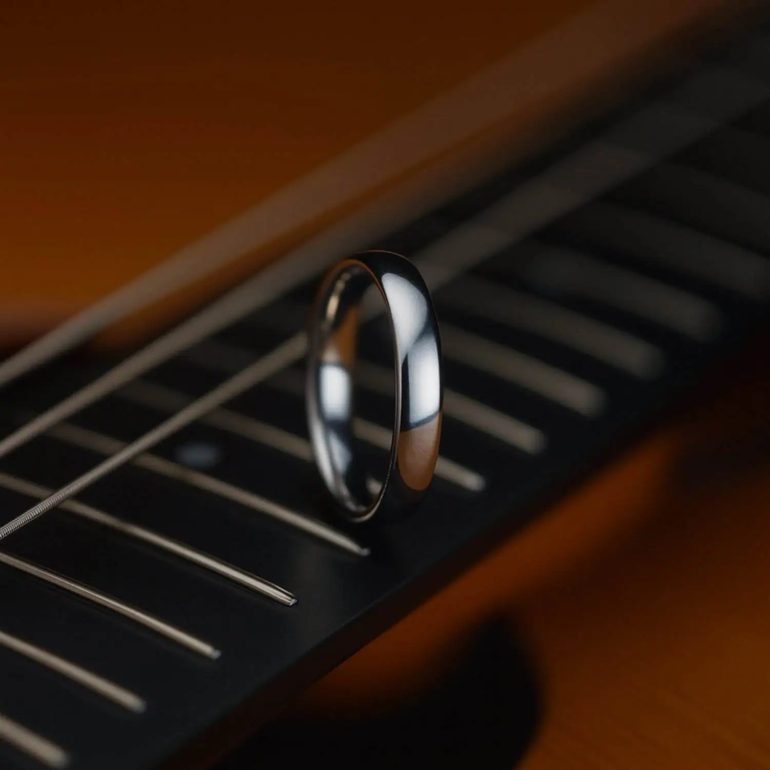 Slim silver 4mm titanium ring for men, lightweight wedding band or fashion ring with option for custom engraving.