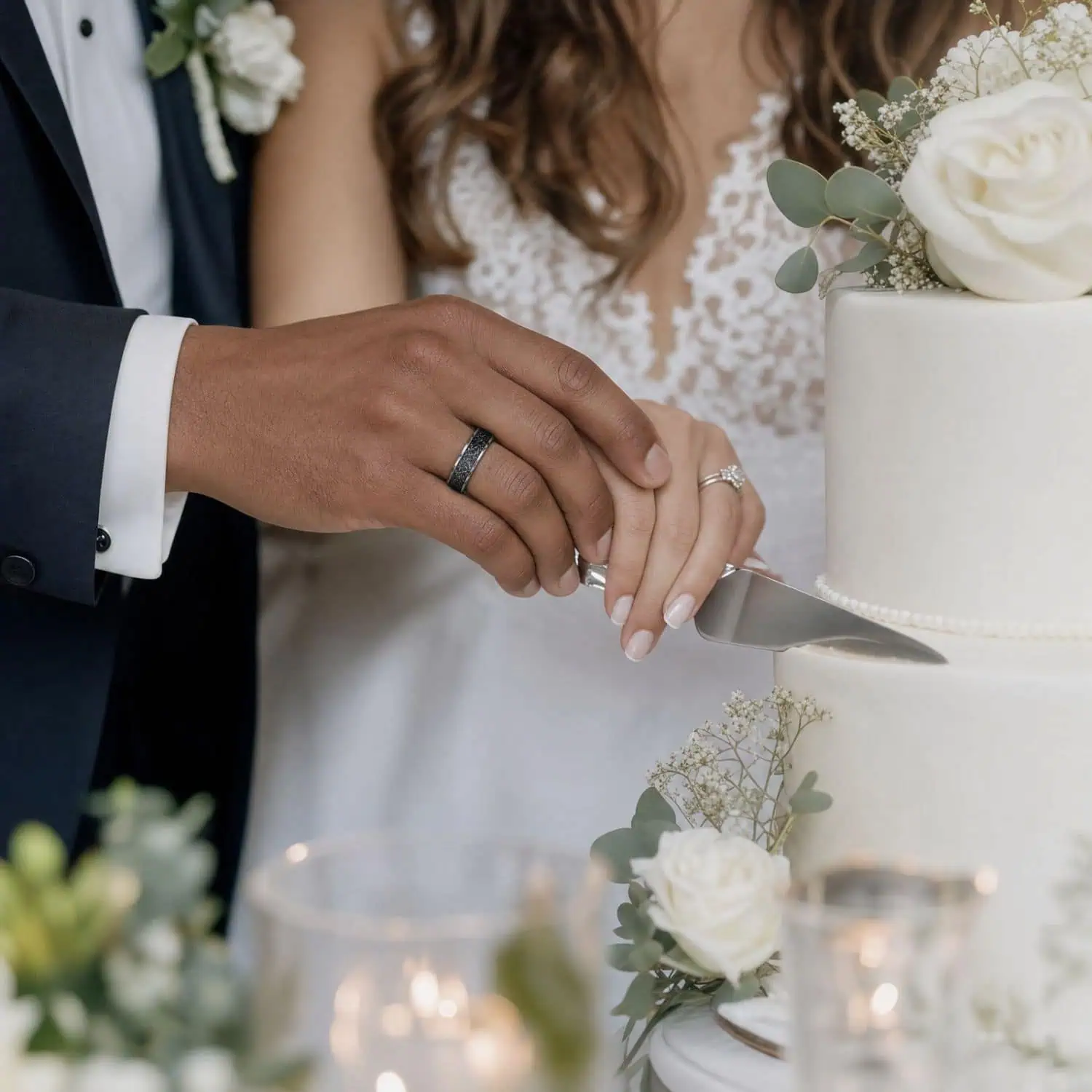 Close-up of newlyweds cutting a white tiered wedding cake decorated with flowers, with the groom wearing a silver tungsten wedding ring featuring a black meteorite-style inlay.