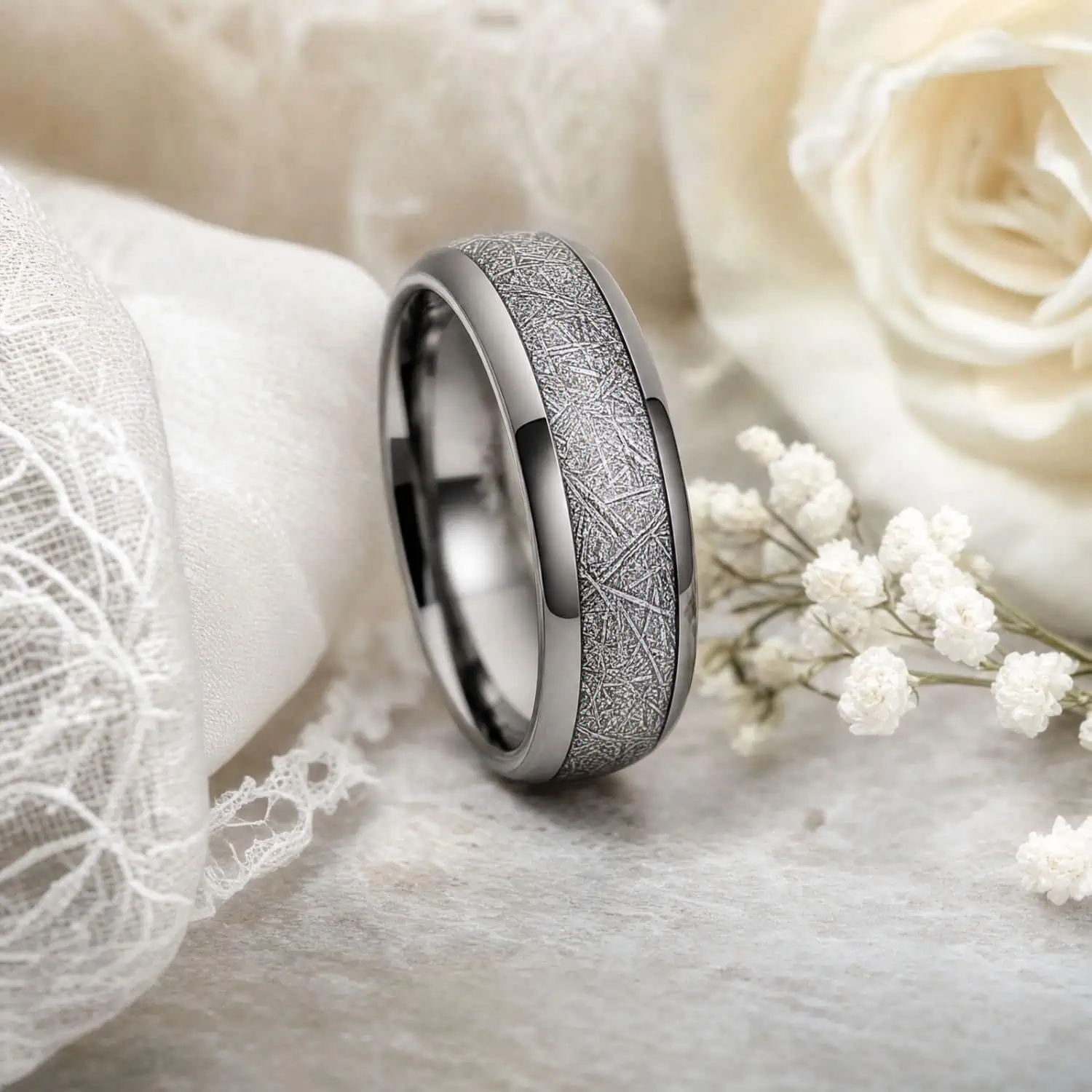 Polished silver tungsten wedding ring with a faux meteorite centre displayed upright among white lace, delicate flowers and a large white rose.