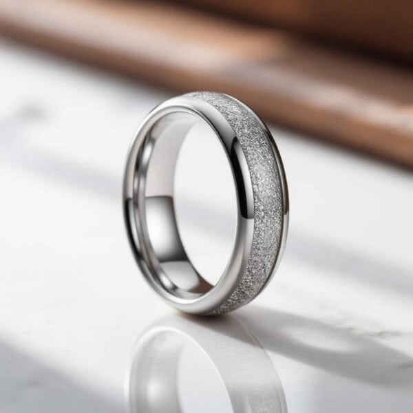 Men’s silver tungsten faux meteorite ring — elegant, durable, and custom engravable for weddings, engagements, or anniversaries.