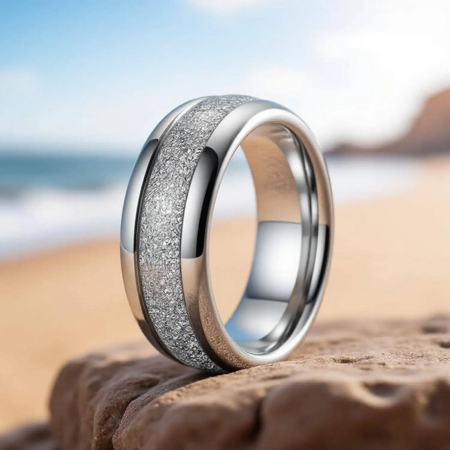 Silver tungsten menโs ring with meteorite texture โ wedding band or engagement ring with personalised engraving option.