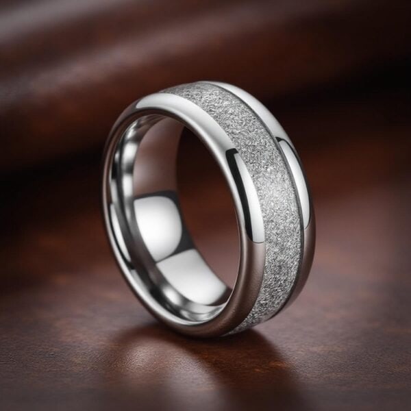 Men’s silver tungsten faux meteorite fashion ring — elegant, durable, and engravable wedding or statement ring