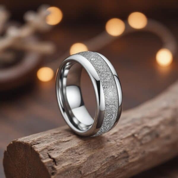 The Universe silver tungsten men’s ring with faux meteorite inlay — bold and durable men’s wedding band, engagement ring, or personalised statement ring for him.