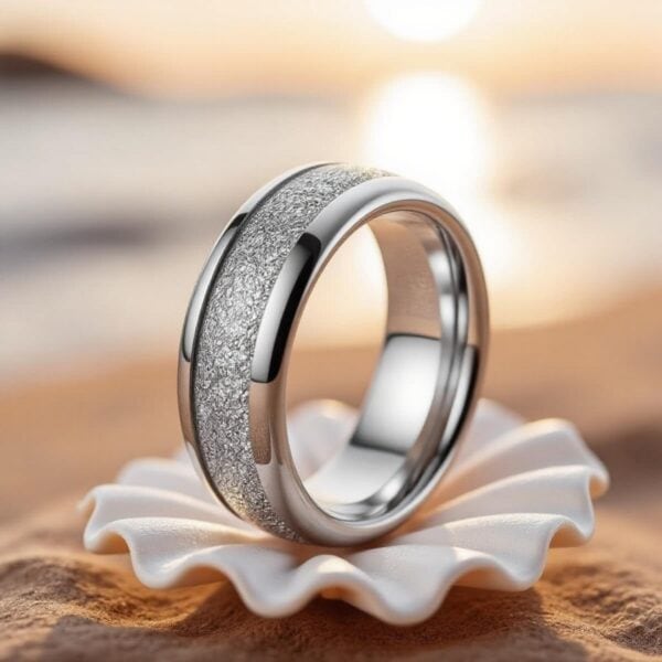 Silver tungsten men’s wedding band with faux meteorite inlay — a strong, stylish statement ring with custom engraving for him.